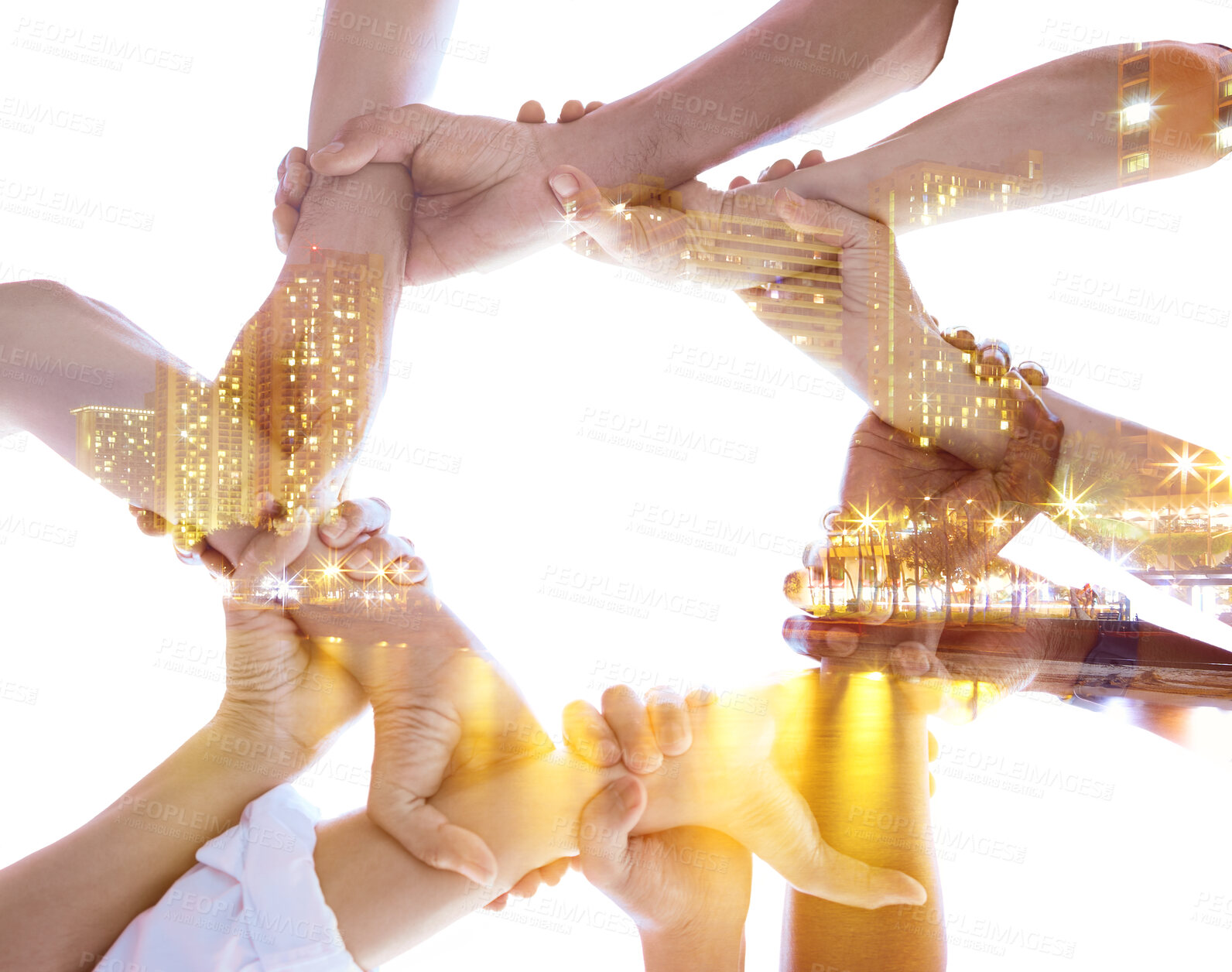 Buy stock photo Teamwork, hands and city overlay for business team in support, trust and collaboration at digital marketing startup company. Holding hands, double exposure and solidarity in mission for staff success
