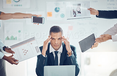 Buy stock photo Stress, burnout and overworked with a business man suffering from a headache and feeling overwhelmed by multitasking demand. Mental health, frustrated and fail with a stressed male employea at work