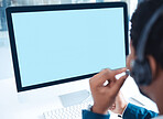 Computer, green screen and call center agent, website IT support or virtual consultant in office. Telemarketing sales man, ecommerce advisor or customer service consulting on monitor software mock up