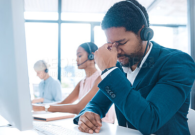 Buy stock photo Stress, headache and call center with a man consultant suffering from pain or tension while working in customer service. Contact us, compliance and mental health with a male consulting on a headset