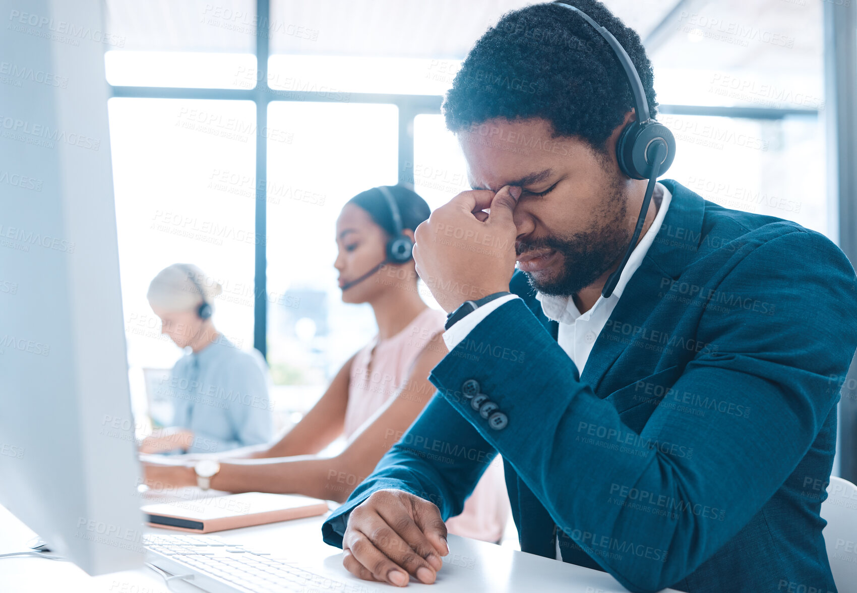 Buy stock photo Stress, headache and call center with a man consultant suffering from pain or tension while working in customer service. Contact us, compliance and mental health with a male consulting on a headset