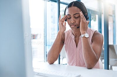 Buy stock photo Call center woman headache, stress and burnout, computer glitch and sales worker pain in office. Frustrated, anxiety and tired telemarketing consultant, crm consulting problem and desktop pc mistake 