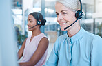 Call center, woman and headphones, phone call and contact, tech support or customer help desk company, employee consulting with client. Communication, worker and customer service or telemarketing.