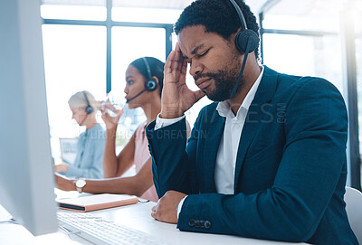Buy stock photo Stress, headache and call center businessman on computer for customer service or consulting. Support agent, black man and telemarketing virtual advisor tired, frustrated or burnout at crm office