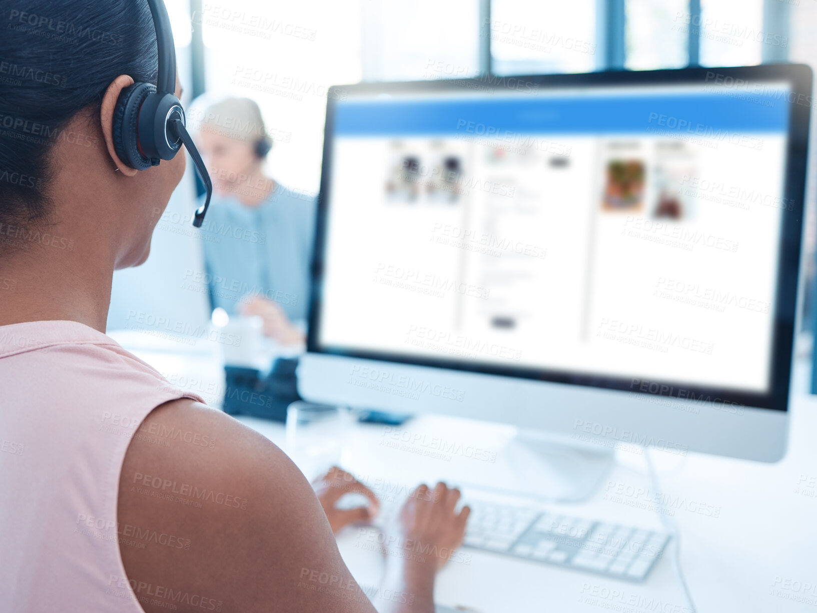Buy stock photo Call center, customer service and computer with a woman consultant working at her desk in a telemarketing office. Contact us, crm and information with a female consulting with a headset at work