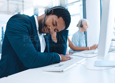 Buy stock photo Call center burnout, sleeping man and employee exhausted after long hours, telemarketing or customer service consulting. Company office agent, help desk consultant or contact us worker tired at work