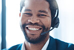 Call center, telemarketing and black man working as support, customer service or crm agent with headphones in office. Portrait, smile and face of guy as sales consultant at contact us company