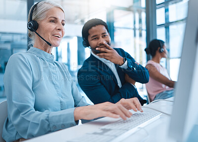 Buy stock photo Woman, diversity customer support service employee and smile working for digital call center or online telemarketing business. Crm consultant in office, help desk and consulting colleague for PC help