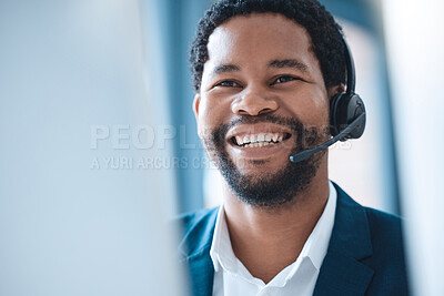 Buy stock photo Customer support, black man and call center consultant speaking to an online client with a headset. Customer service, receptionist and telemarketing sales man consulting with technology in the office