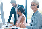 Call center, contact us and happy customer support employee, insurance agent or sales consultant at a help desk. Smile, telemarketing and woman networking, helping and talking in customer service