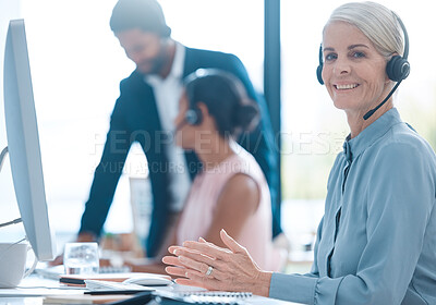 Buy stock photo Call center, contact us and happy customer support employee, insurance agent or sales consultant at a help desk. Smile, telecom and mature woman networking, helping and talking in customer service