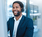 Call center, communication and black man consulting on the internet with a computer in an office at work. Happy, crm and African customer service worker working in telemarketing and support online