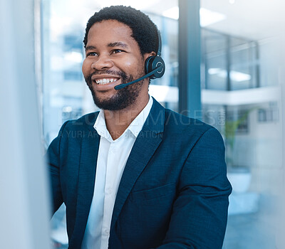 Buy stock photo Call center, communication and black man consulting on the internet with a computer in an office at work. Happy, crm and African customer service worker working in telemarketing and support online