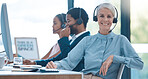 Worker, call center and contact, woman and headphones at desk, customer support or sales for telemarketing company. Senior, agent or consultant, office and working, communication and customer service
