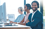 Call center, telemarketing and happy customer service consultant consulting, talking and helping in the office. Smile, telecom and African insurance sales agent working at a communications company 