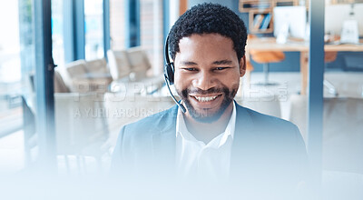 Buy stock photo Telemarketing, call center and black man with smile, communication and discussion in office or workspace. African American consultant, business agent and consultation for advice and online webinar