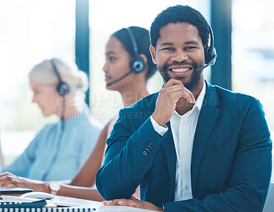 Buy stock photo Black man, call center or smile in portrait at work as consultant, crm or communication at desk. Man, contact us or consulting in customer support, headphones or microphone for telemarketing in sales