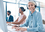 Portrait of a senior customer support, receptionist or call center agent working online with headset. Expert consultant, crm and ecommerce sales woman telemarketing with computer in corporate office.