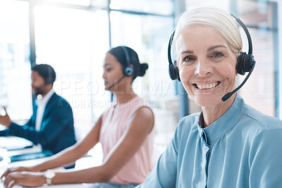 Buy stock photo CRM, customer service or call center woman manager, worker consulting, contact us or telemarketing to client. Sales advisor, consultant or leadership for support, help or loan insurance advice