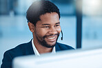 Call center, customer service and worker with computer talking or help in office with crm system. Happy black man, happy and friendly telemarketing consultant, employee or contact us client support