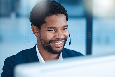 Buy stock photo Call center, customer service and worker with computer talking or help in office with crm system. Happy black man, happy and friendly telemarketing consultant, employee or contact us client support