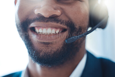Buy stock photo Black man, call center and phone call, smile with teeth and headphones contact us, communication and customer service and telemarketing closeup. Company, working and help client, sale with customer.