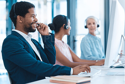 Buy stock photo Support, consulting and a black man and woman in call center with headset and computer, help in customer service. Crm, telemarketing and sales for corporate communication employee talking online