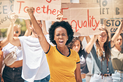 Buy stock photo Protest, crowd of people and black woman in the street, fist in air marching for equality, human rights and freedom. Diversity, protesting and woman shouting for justice in city with cardboard signs