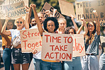 Protest, strike and climate change with a woman group fighting for our planet or human rights in the city. Environment, movement and pollution with female activist marching against global warming  