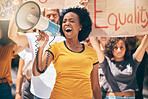 Megaphone, freedom or women equality protest for global change, gender equality or black woman speaker fight for support. Crowd poster banner, city speech or human rights rally by justice warrior