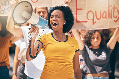 Buy stock photo Megaphone, freedom or women equality protest for global change, gender equality or black woman speaker fight for support. Crowd poster banner, city speech or human rights rally by justice warrior