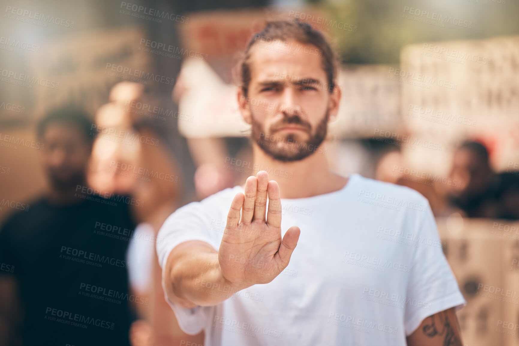 Buy stock photo Stop, protest and gen z man hand with people in street for freedom or human rights. Justice, community and group of people in a city for black lives matter, gender equality in Iran and social change
