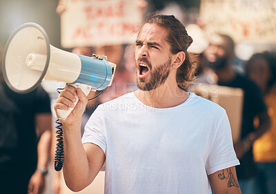 Buy stock photo Megaphone, protest and man leader speaking at rally for politics, equality and human rights. Revolution, outdoor strike and guy shouting with microphone for leadership justice speech in road for riot