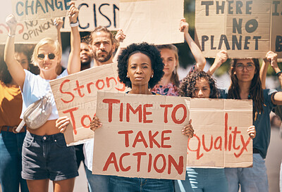 Buy stock photo Group, protest and portrait in street, poster or climate change with march, walking or together for change. People, diversity or action in activism, equality or empowerment for racism, lgbt and earth