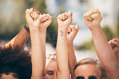 Buy stock photo Protest, group and fist of people, hands in air for solidarity, equality and power women together outdoor. Diversity, strong and motivation people in crowd support of freedom revolution and justice 