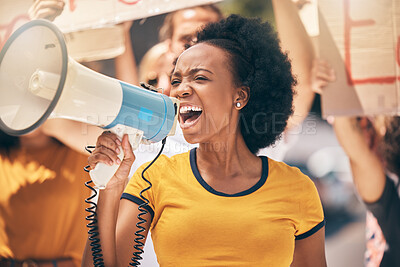 Buy stock photo Protest, megaphone and speech of angry black woman at rally. Loudspeaker, revolution and speaking, screaming or shouting leader on bullhorn protesting for human rights, justice and freedom in city.