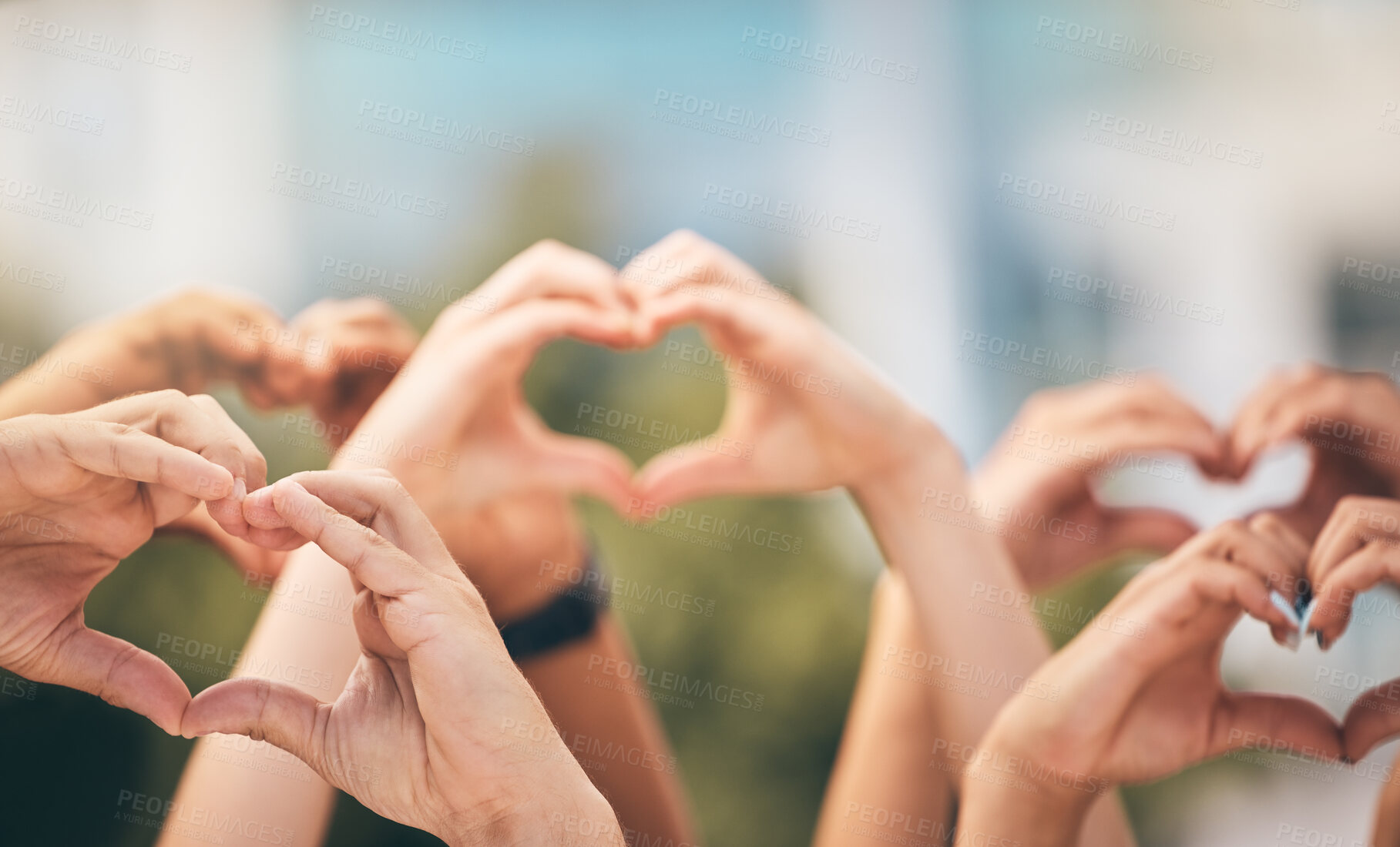 Buy stock photo Crowd, hands and heart sign with group of people, community and friends with emoji for care, freedom and health outdoor. Fans, concert and support of men and women on solidarity for charity thank you