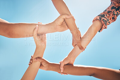 Buy stock photo Team of people support, hands connect or link together global community of cooperation on blue sky. Group diversity in volunteer partnership, social solidarity or multicultural friends of circle arms