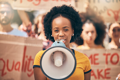 Buy stock photo Protest, loud speaker and rally with a woman activist speaking during a march for equality in the city. Freedom, speech and community with a young female protestor in fight for human rights