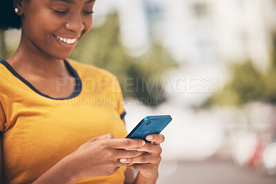 Buy stock photo Black woman, hands and phone for city map, location gps or social media internet search in New York. Smile, happy student and fashion tourist on 5g mobile technology, travel website app or networking