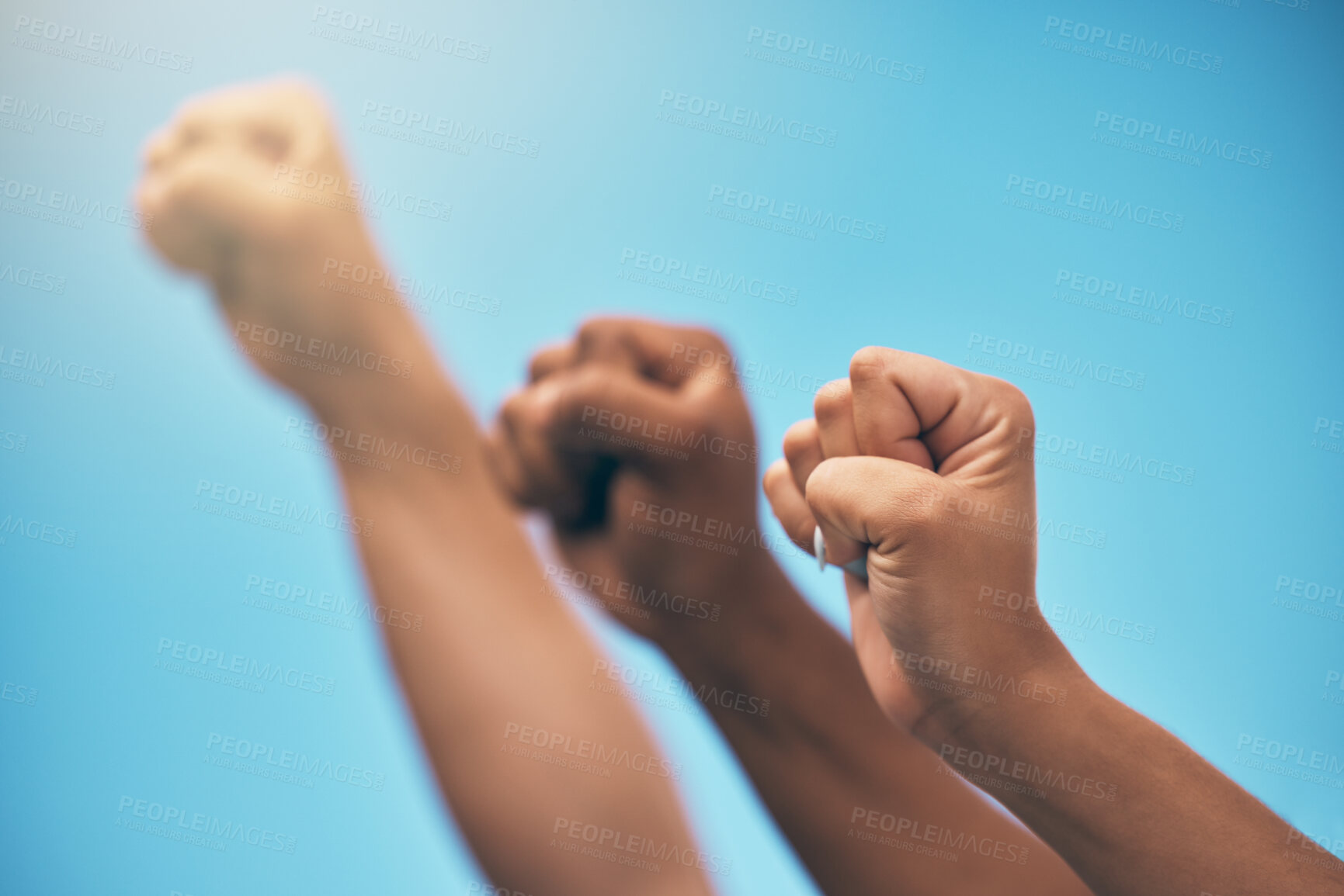Buy stock photo Protest group, hands in air and fist of people for solidarity, equality and power with diversity women together for human rights. Motivation, support and freedom revolution for female crowd justice