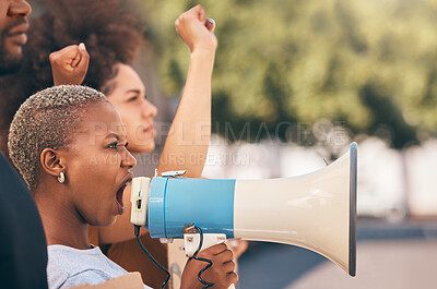 Buy stock photo Protest, megaphone and angry black woman shout for human rights, equality and anti racism at rally. Loudspeaker, revolution and democracy campaign leader on bullhorn for justice and freedom in city