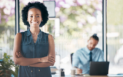 Buy stock photo Ceo, business and manager working as management at an executive corporate company. Portrait of a black woman, worker or boss with arms crossed, pride and smile for happiness at a professional office