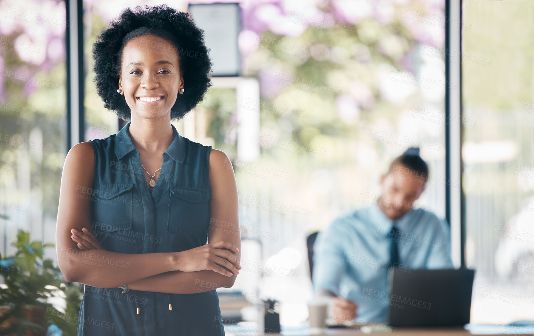 Buy stock photo Ceo, business and manager working as management at an executive corporate company. Portrait of a black woman, worker or boss with arms crossed, pride and smile for happiness at a professional office