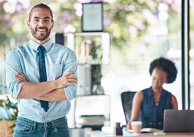 Buy stock photo Confident, success and leadership with a business man standing arms crossed in the office with a colleague. Management, portrait and vision with a male employee working with a mindset of growth