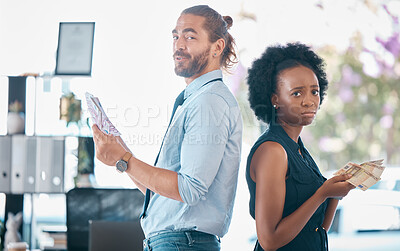 Buy stock photo Money, gender bias and salary inequality in workplace between a team of equal professional employee colleagues. Pay gap, corporate sexism and corrupt financial compensation or payment for woman staff