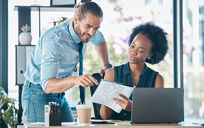 Buy stock photo Documents, teamwork and laptop with a business man and black woman at work together in the office. Meeting, accounting and finance with a male and female employee team working in collaboration