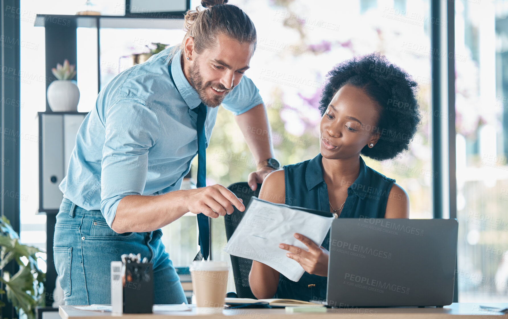 Buy stock photo Documents, teamwork and laptop with a business man and black woman at work together in the office. Meeting, accounting and finance with a male and female employee team working in collaboration