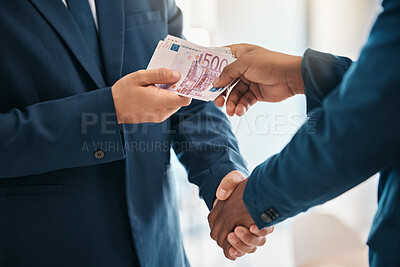 Buy stock photo Handshake, money and business for corruption, sale transaction and pay worker with cash. Closeup, corrupt male hands and bribery for illegal service, bribe for contract agree and unlawful wealth.