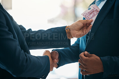 Buy stock photo Handshake, money and bribery deal between businessmen in partnership in a corporate company office. Corruption, money laundering and illegal employees in a corrupt crime agreement bribe in workplace.